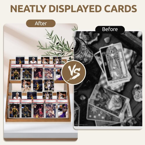 5-Tier Trading Card Display Stand – Wooden Baseball Sports Graded Card Display Stand, Tabletop Display Holder for 25 Trading Cards, Card Stand for Sports Cards, Graded Cards, Trading Cards(Brown)
