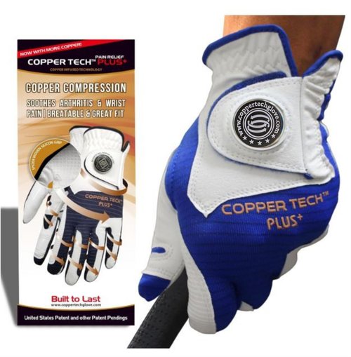Copper Tech Plus Men’s Golf Glove – White/Royal Blue – Copper Infused Compression for Arthritis Relief, Non-Slip Silicone Grip – USGA Approved, 1 Pack, One Size Fits Most