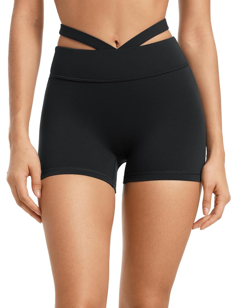 INGIA 4-Inch High-Waisted Biker Shorts with Hollow Belt, No Front Seam – Black, Medium