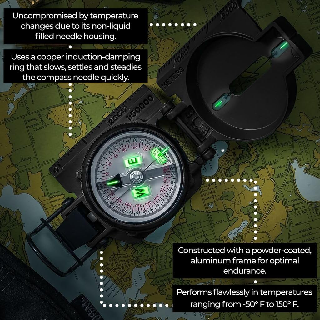 Cammenga Lensatic Tritium Compass - Made in USA Military Compass - Premium Tritium Illuminated Tactical Compass for Land Navigation, Hiking, Survival, Hunting and Backpacking - Black