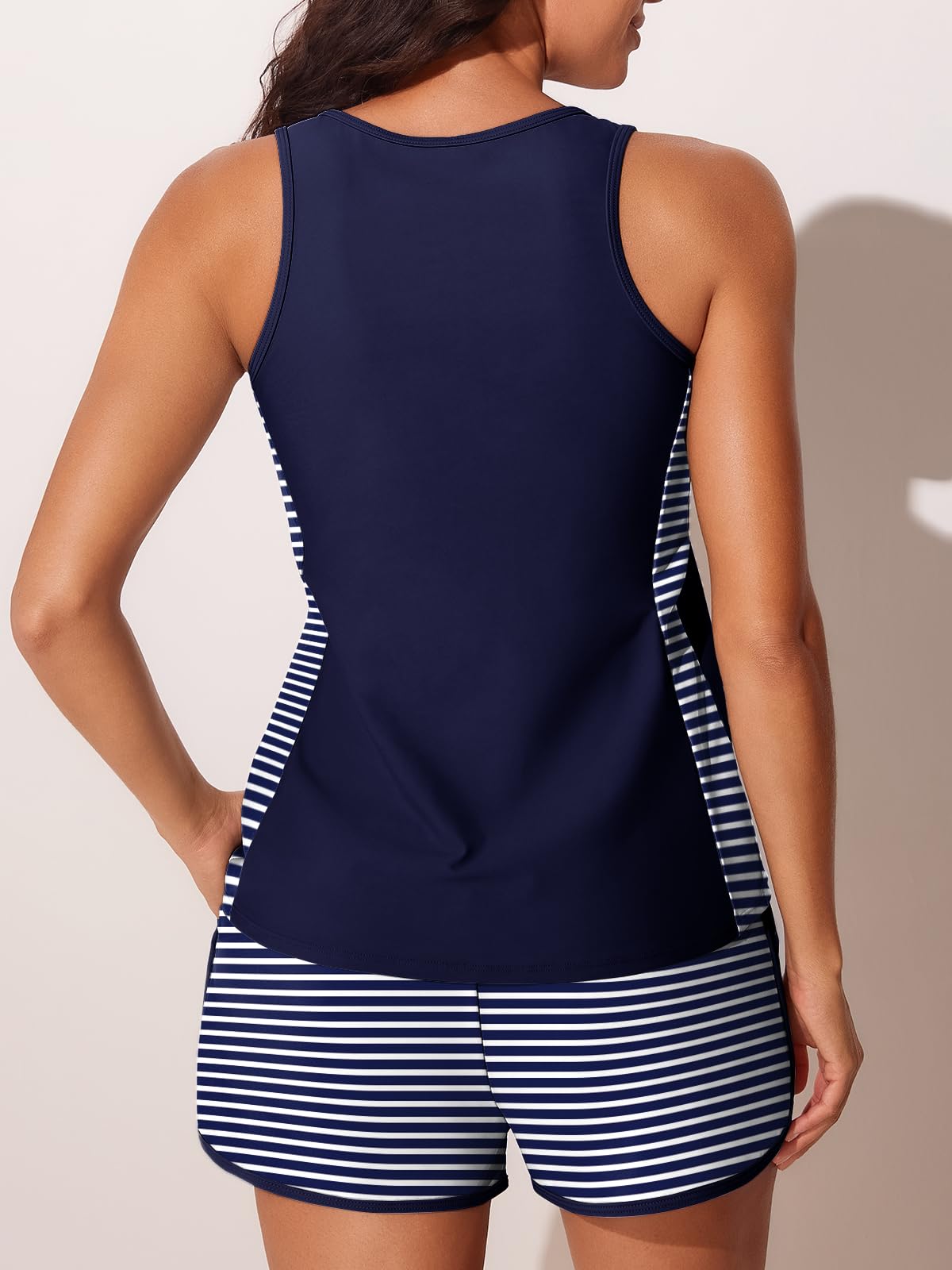 Summer Mae Blouson Tankini Swimsuits for Women 2026 Tummy Control Two Piece Bathing Suits with Sporty Pockets Swim Shorts Blue and White Stripes Size 12