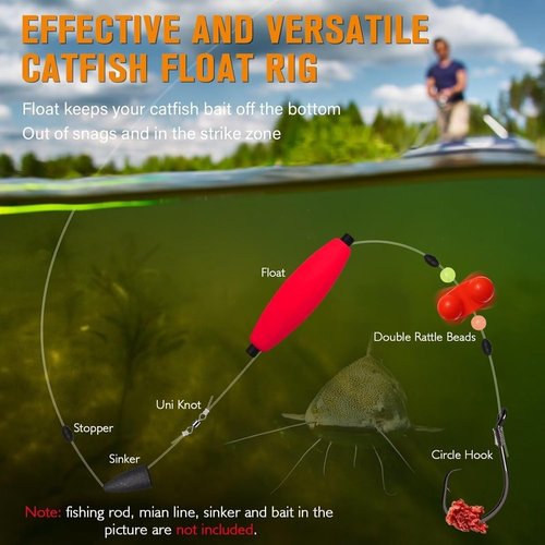 Petitionm Catfish Fishing Set, Kntopoint Takedown Rigs Catfish, Peg Floats for Catfishing, 2025 New Fishing Hook Set Catfish, 6/0-8/0 Hooks with Rattles & Floats, for Bank/Drift Fishing(6/0,9PCS)
