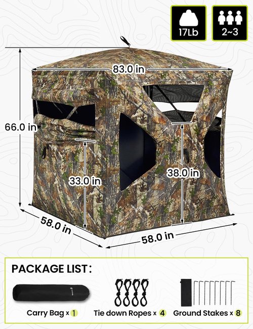 TIDEWE See Through Blind 270°with Silent Magnetic Door & Sliding Windows, 2-3 Person Pop Up Ground Blind with Carrying Bag, 300D Portable Resilient Tent(Camouflage)