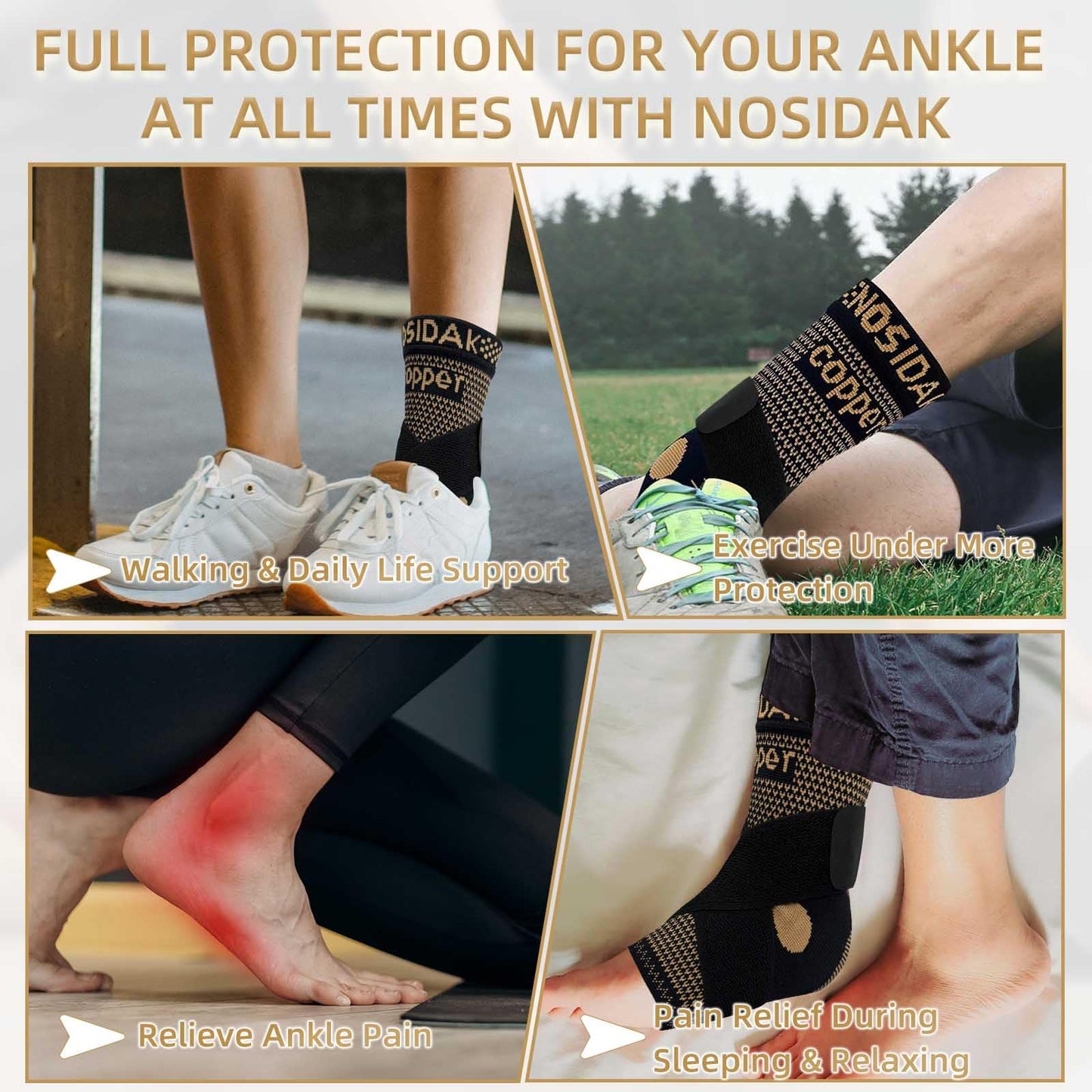 NOSIDAK Copper Ankle Brace for Men & Women w/Ankle Wrap, Ankle Support Compression Sleeve w/Arch Support for Plantar Fasciitis Relief, Achilles Tendonitis, Heel Spur, Joint Pain, Swelling, Sprain
