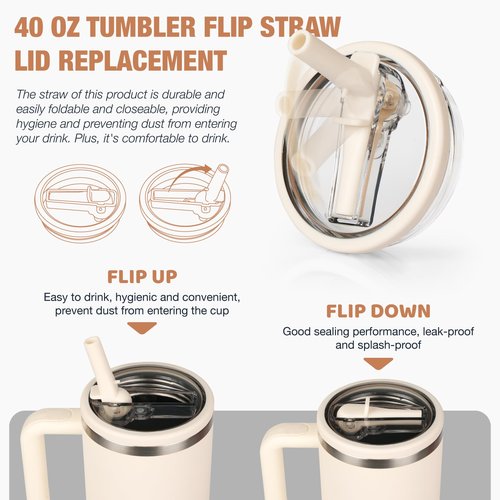 40oz Flip Straw Lid Replacement for Stanley Quencher H2.0 Tumbler, 2 Cream Leak Proof Flip Lid & 4 Tritan Straws & 2 Straw Brush