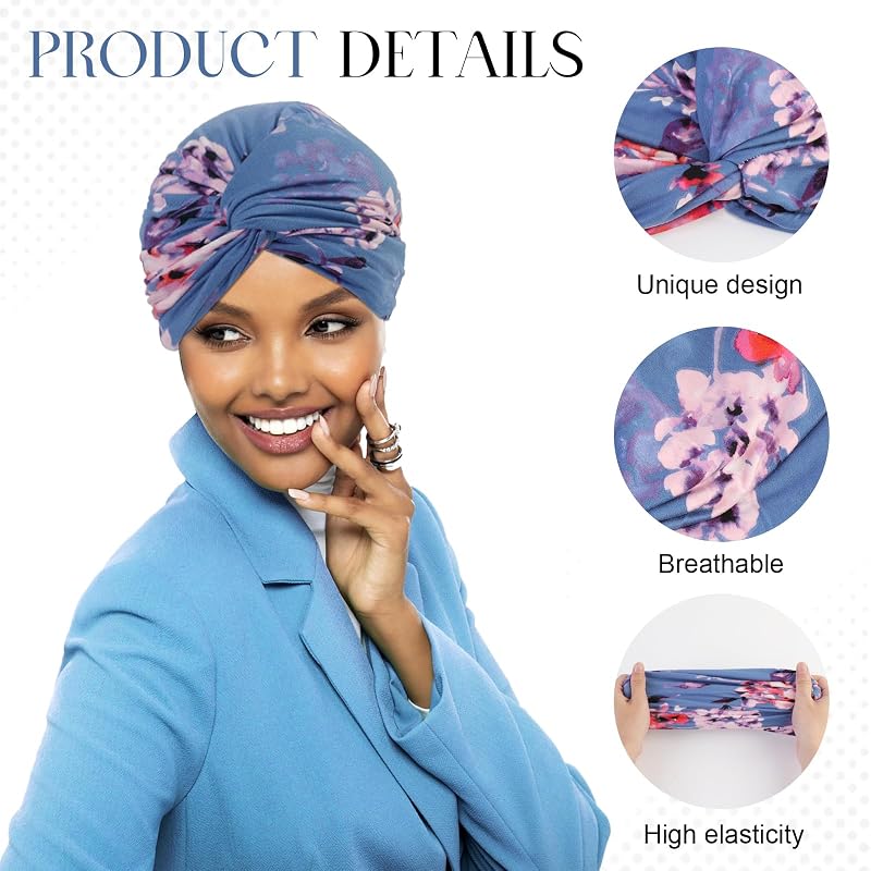 Two-Piece Printed Turban Head Wrap Set for Women - Pre-Tied Knot Chemo Headwear (Black, Blue Floral)