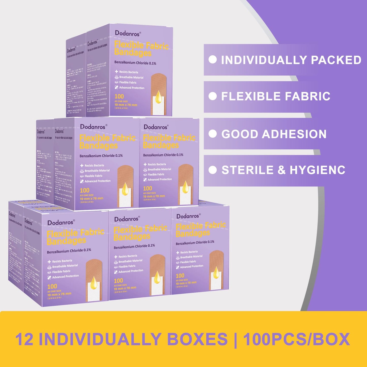 Dodanros Bulk Case of 1200 PCS Flexible Fabric Bandages, 3/4" x 3",Individual 12 Box Packaging,Include 0.1%Benzalkonium,Sterile, Breathable | Use for School, Hospital, Businesses, and First Aid Kits.