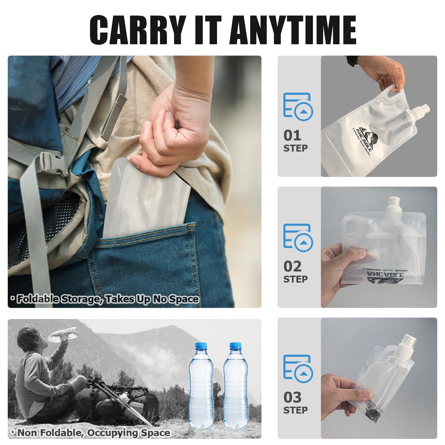 Ancable 33oz (1L) Collapsible Water Bottles, 3-Pack Reusable Travel Foldable Water Bottles for Hiking Camping Running Bike, BPA-Free Water Bottle