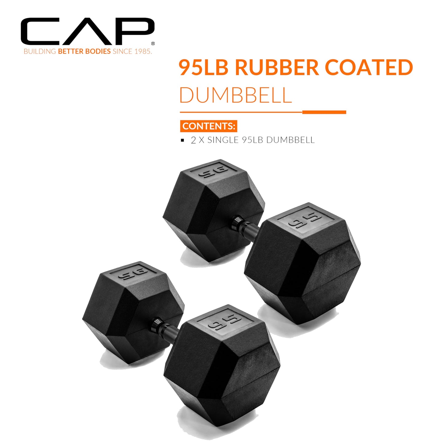 CAP 95 LB Rubber Coated Hex Dumbbell Weight, Rubber Free Weights for Home Gym Strength Training, Black Oxide Handle, Pair