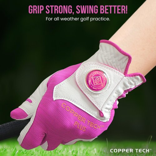 Copper Tech Plus Women’s Golf Glove – White/Fuchsia – Copper Infused Compression for Arthritis Relief, Non-Slip Silicone Grip – USGA Approved, 1 Pack, One Size Fits Most