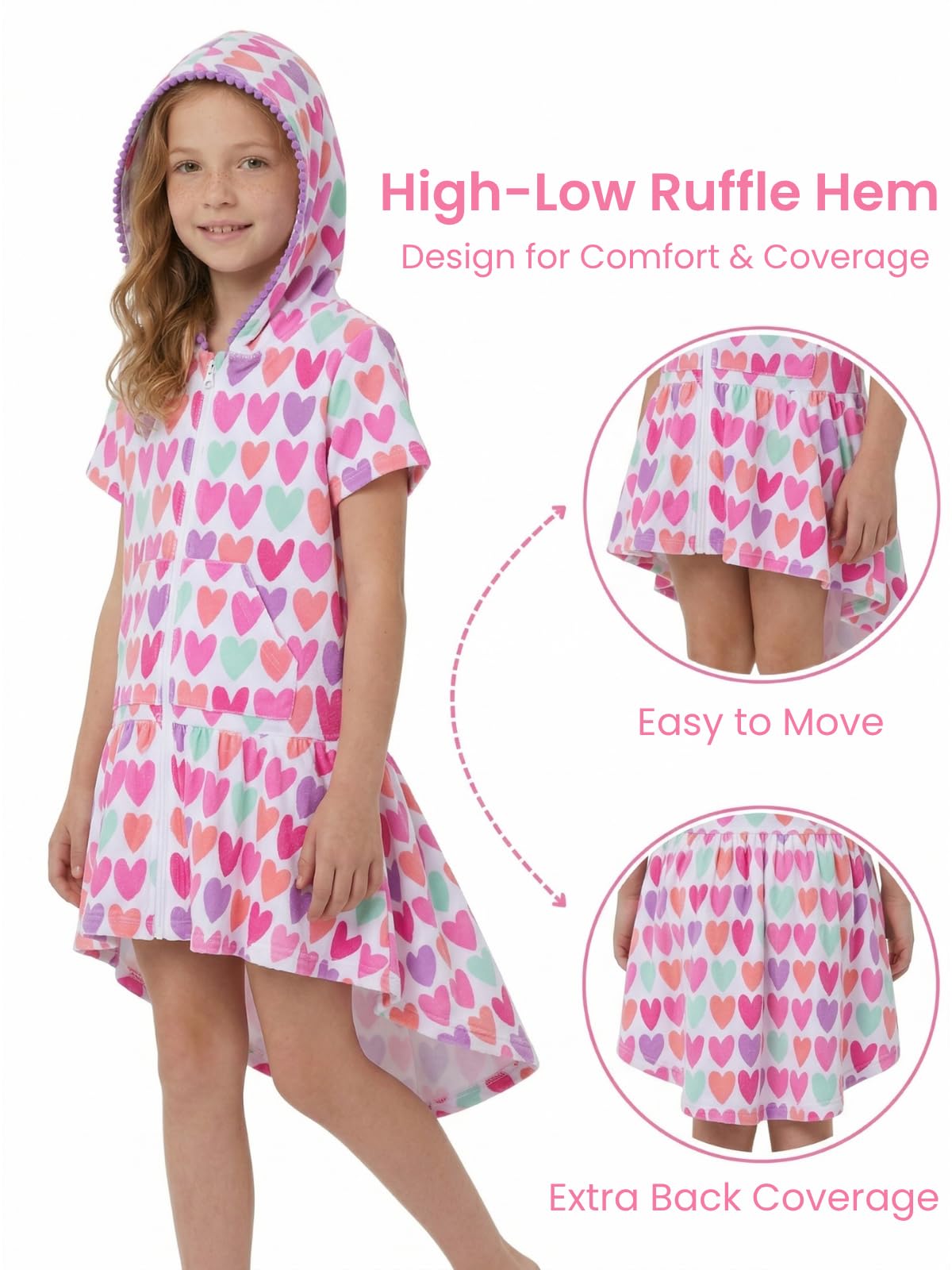 WELAKEN Girls Hooded Terry Swim Cover-Up Dress Full Zip Cute High-Low Hem Beach Dress with Pockets for Toddlers & Kids,Heart,6-7Y