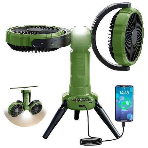 NIFBANG Outdoor Camping Fan with LED Light,8000mAh Rechargeable Battery Powered with Hook Tent Fans,270° Oscillating 360°Rotation Portable Tripod Beach Fan for Canopy,Travel,Fishing,Home,Green