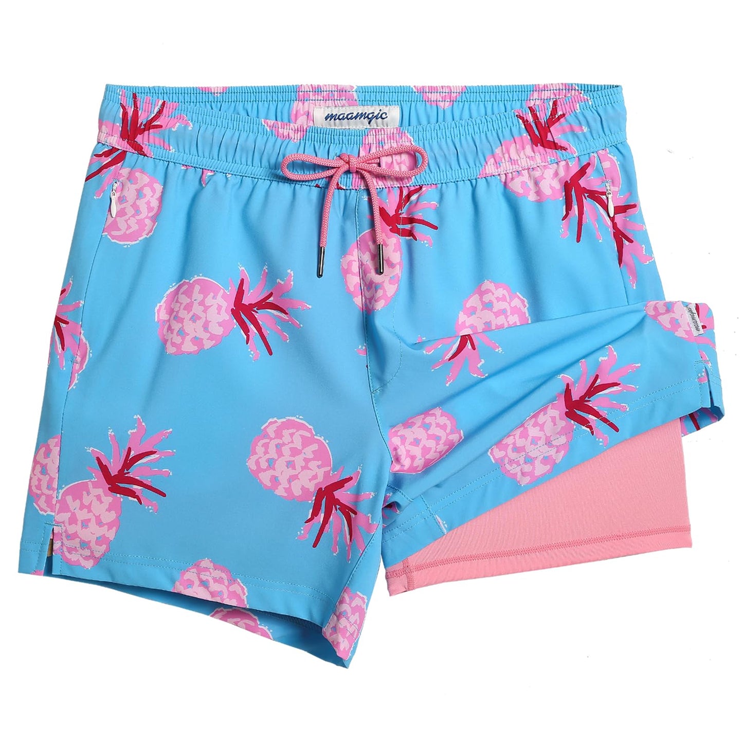 maamgic Mens Swim Trunks with Compression Liner 5 Inch, Quick Dry Bathing Suit with Zipper Pockets, Stretch No-Chafing Swim Shorts, Blue-Pink Pineapple Large