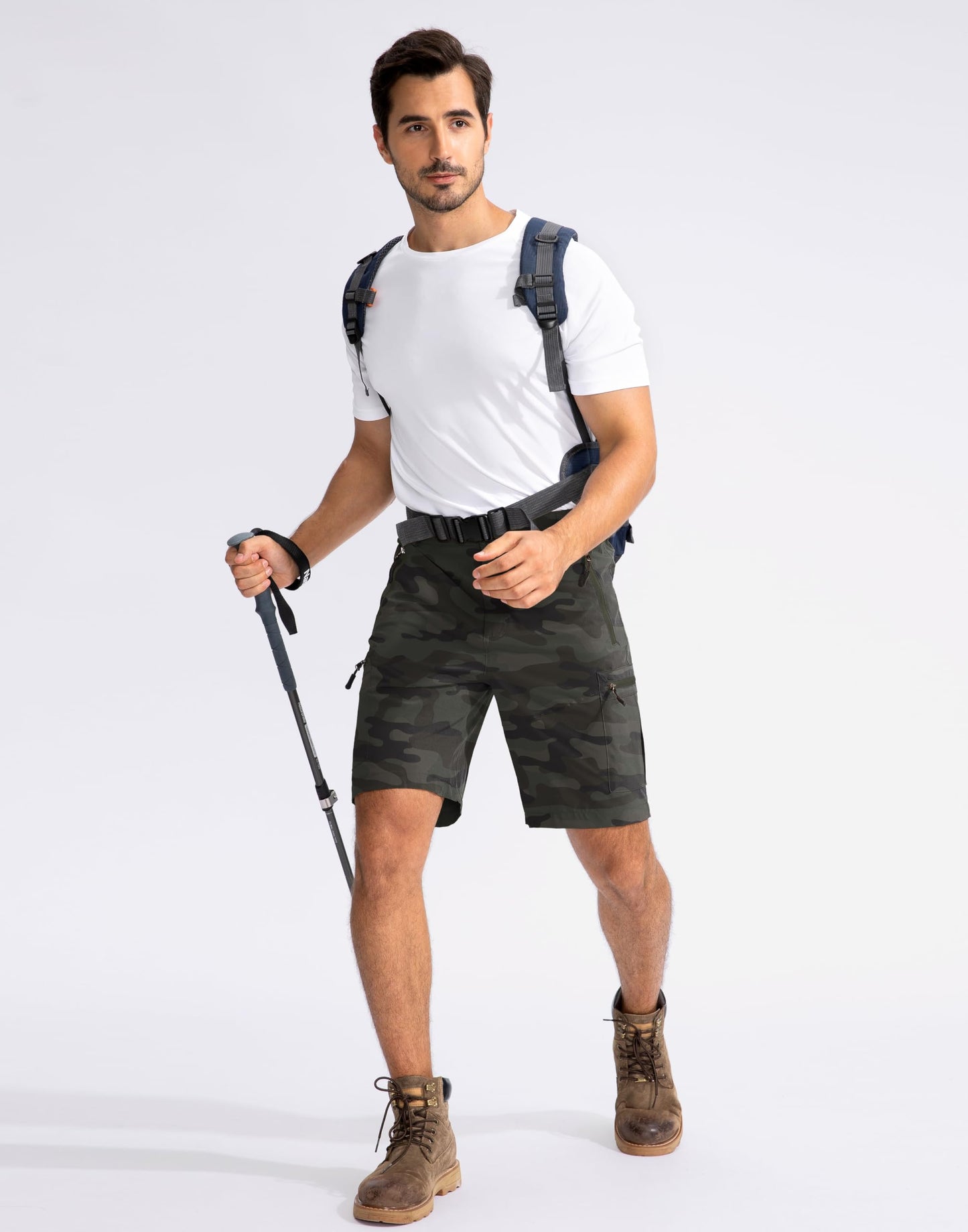 Pudolla Men's Hiking Cargo Shorts 9" Lightweight Outdoor Work Shorts for Men Travel Golf Camping Casual with 5 Zipper Pockets(Green Camo Large)