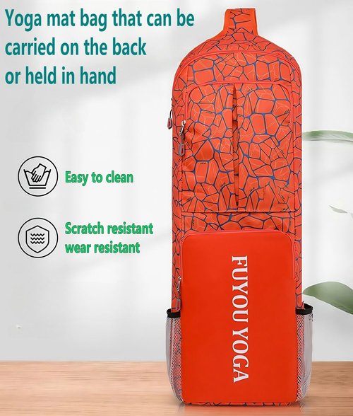 Yoga Mat Bag Backpack, Large Capacity with Multiple Pockets, Orange Geometric Pattern, Scratch-Resistant Nylon，Ladies sports handbag