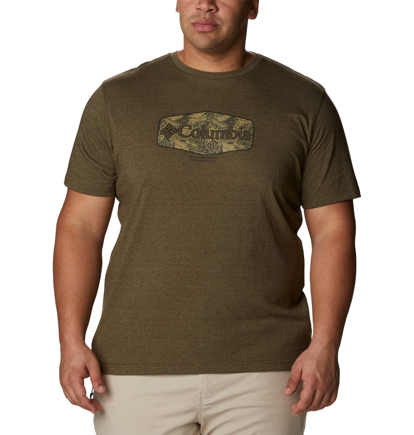 Columbia Men's Thistletown Hills Graphic Short Sleeve, Olive Green Heather/Wanderland Graphic, Medium