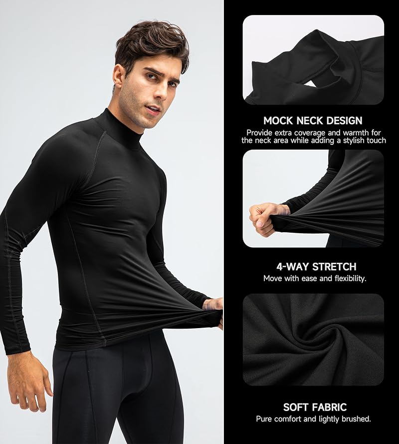 Men's Compression Long Sleeve Shirt - Base Layer Top for Running & Training - Black, Large
