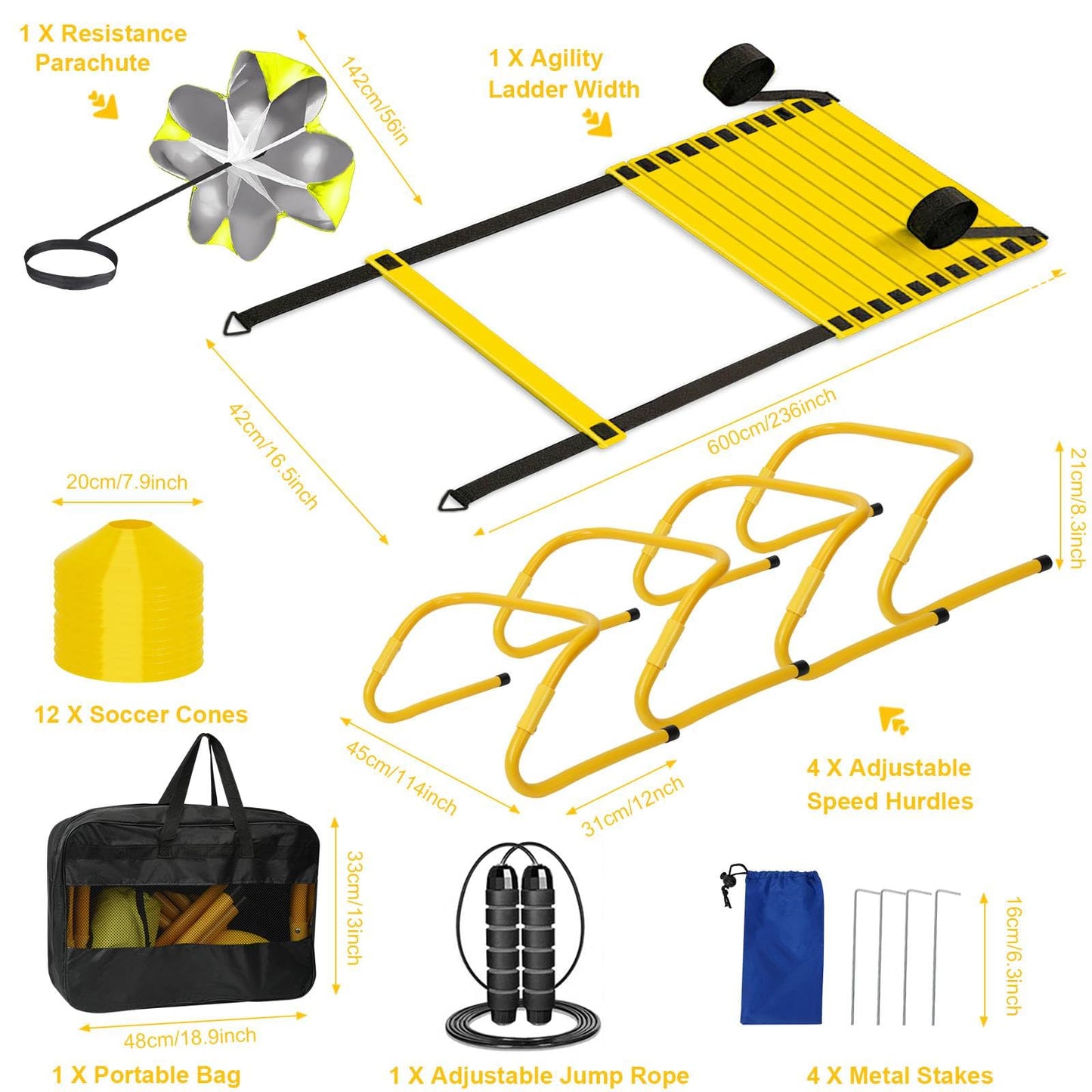 YGORTECH Agility Ladder, Soccer Training Equipment Set, 4 Agility Hurdles, 20ft Speed Ladder, Running Parachute, 12 Football Cones, Jump Rope | Soccer Basketball Athletes Speed Training Yellow