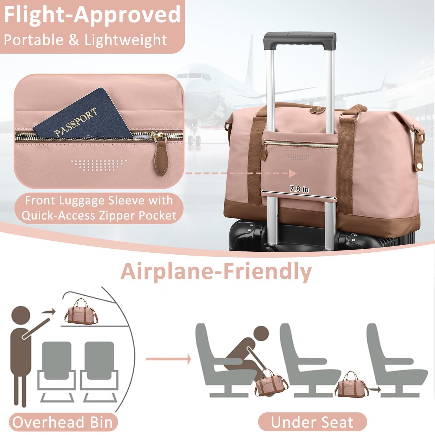 ELONGRIVER Travel Duffle Bag for Women, Weekender Bags, Hospital Bag for Labor Delivery, Lightweight Tote Duffel Overnight Bag with Luggage Sleeve, Airplane Travel Bags with Toiletry Bag, Large, Pink