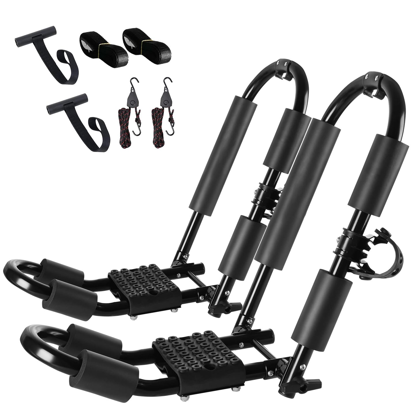 FORWODE 1 Pair Kayak Roof Rack, 2 in 1 Aluminum Folding J-Bar Roof Rack with 1 Set Ratchet Tie Straps for Kayak Canoe Boat Surf Ski on SUV Car Truck Crossbar