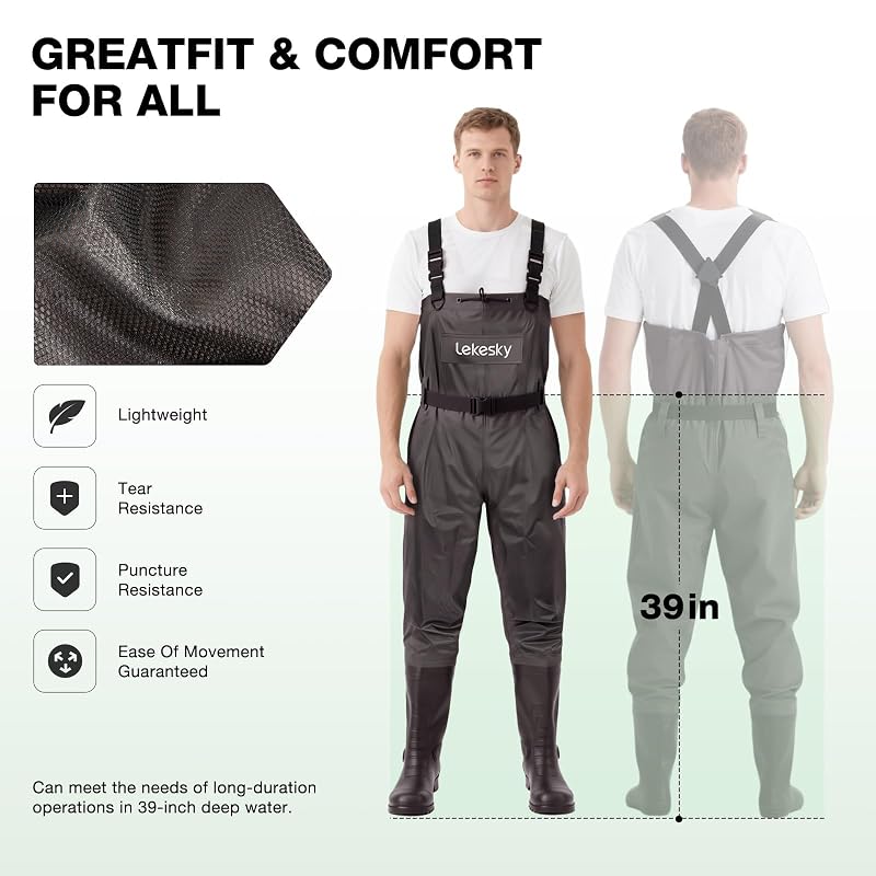 Lekesky Fly Fishing Chest Waders with Boots – 2-Ply Nylon/PVC, US 5–14, Brown + M10 Variation