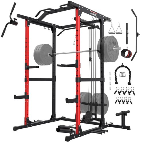 ARMAC Power Cage,1500lbs Multi-Function Power Rack with Adjustable Cable Crossover System and More Training Attachment (red)