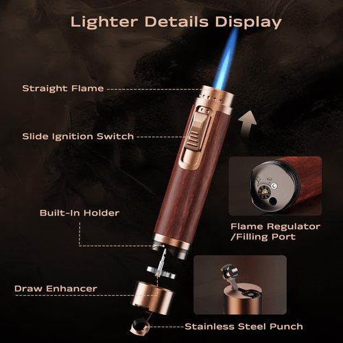 Torch Lighter, All-in-one Torch Lighter with Punch, Holder, Draw Enhancer Tool, Windproof Jet Flame Lighters, Gifts for Men Accessories, Refillable Butane Lighters for Candles, Travel (Without Gas)