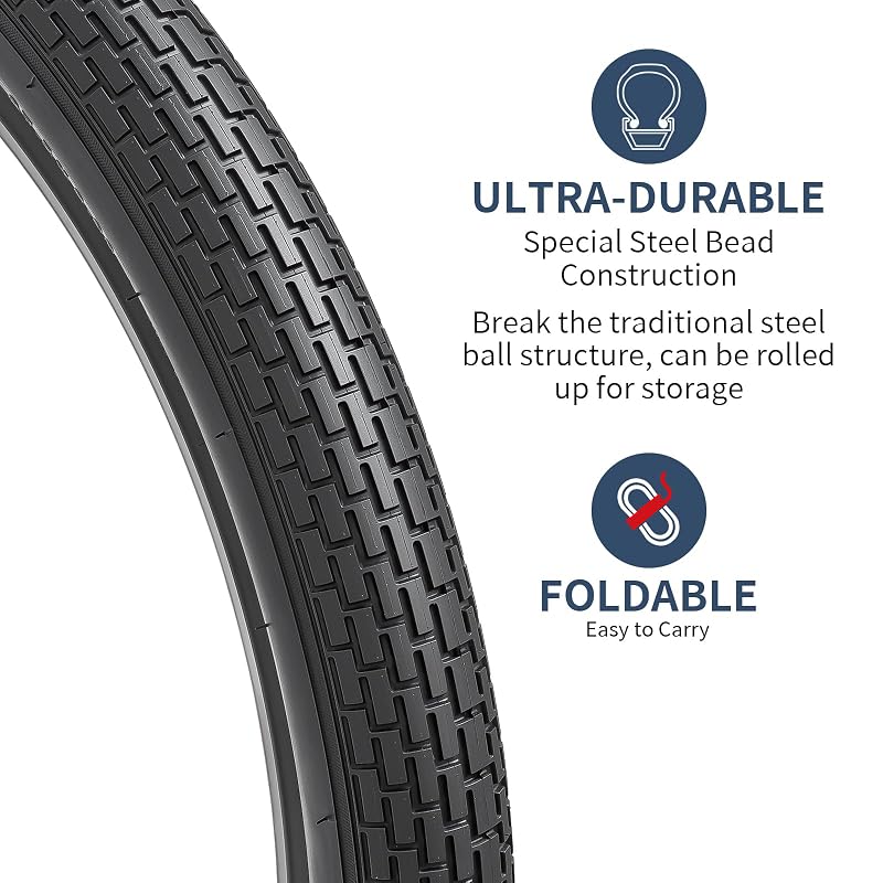 26x2.35 Inch Cruiser Bike Tires (2PCS) Black02 – Folding, Butyl Rubber, 90kg Load