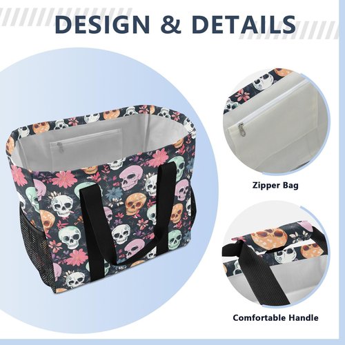 Bolaz Travel Tote Bag，Gym Bag for Men,Waterproof Beach Bag for Women Foldable Reusable-Colorful Skull Flowers5