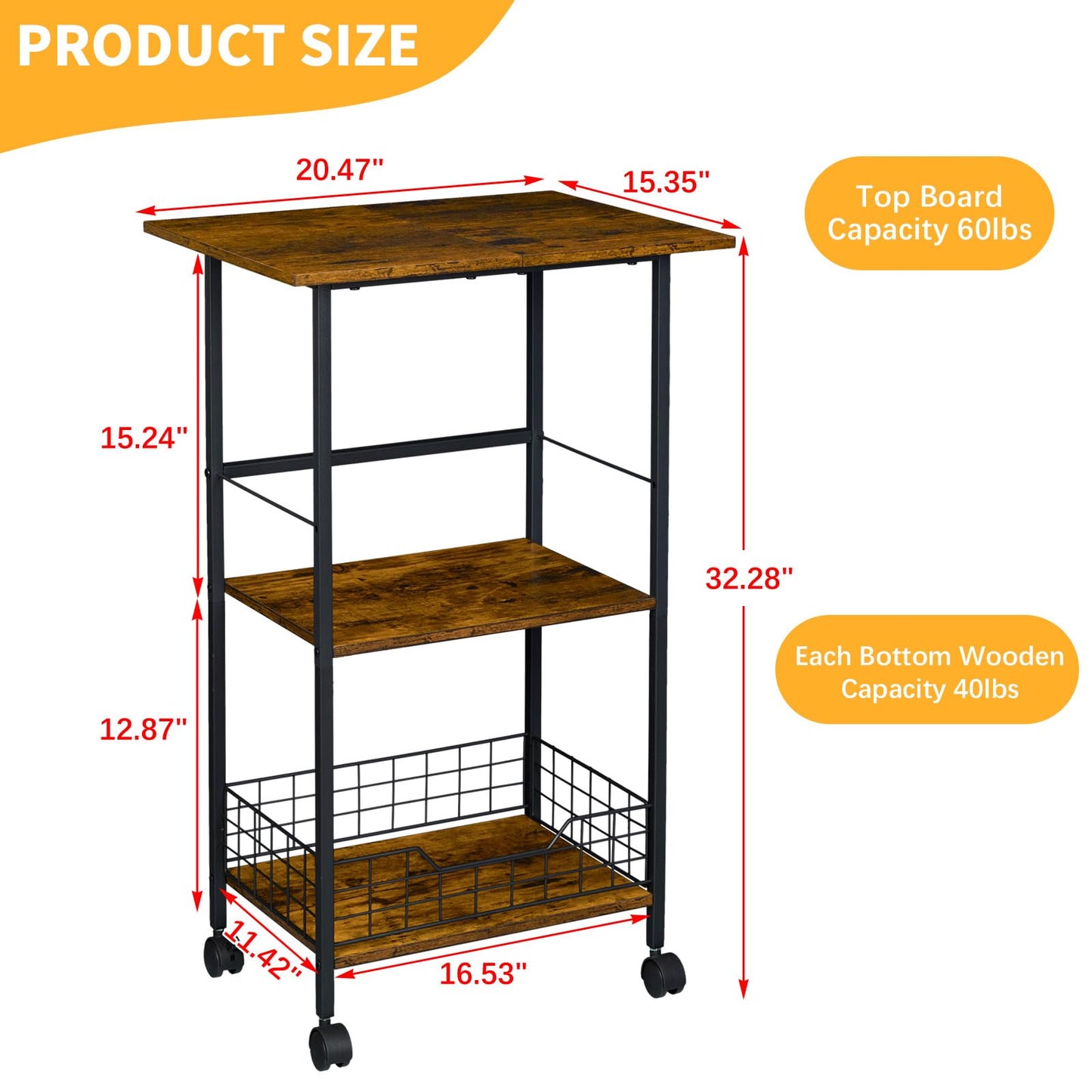 Microwave Cart with Storage, 3-Tier Rolling Kitchen Stand with Wire Basket, Wood and Metal Utility Cart on Wheels, Coffee Bar Station, Small Baker’s Rack As Kitchen Island, Microwave Shelf Organizer