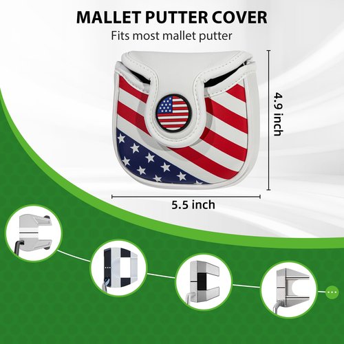 Mallet Putter Cover Headcover,Heel Shaft Mallet Cover Square with Magnetic Closure & USA Stars and Stripes