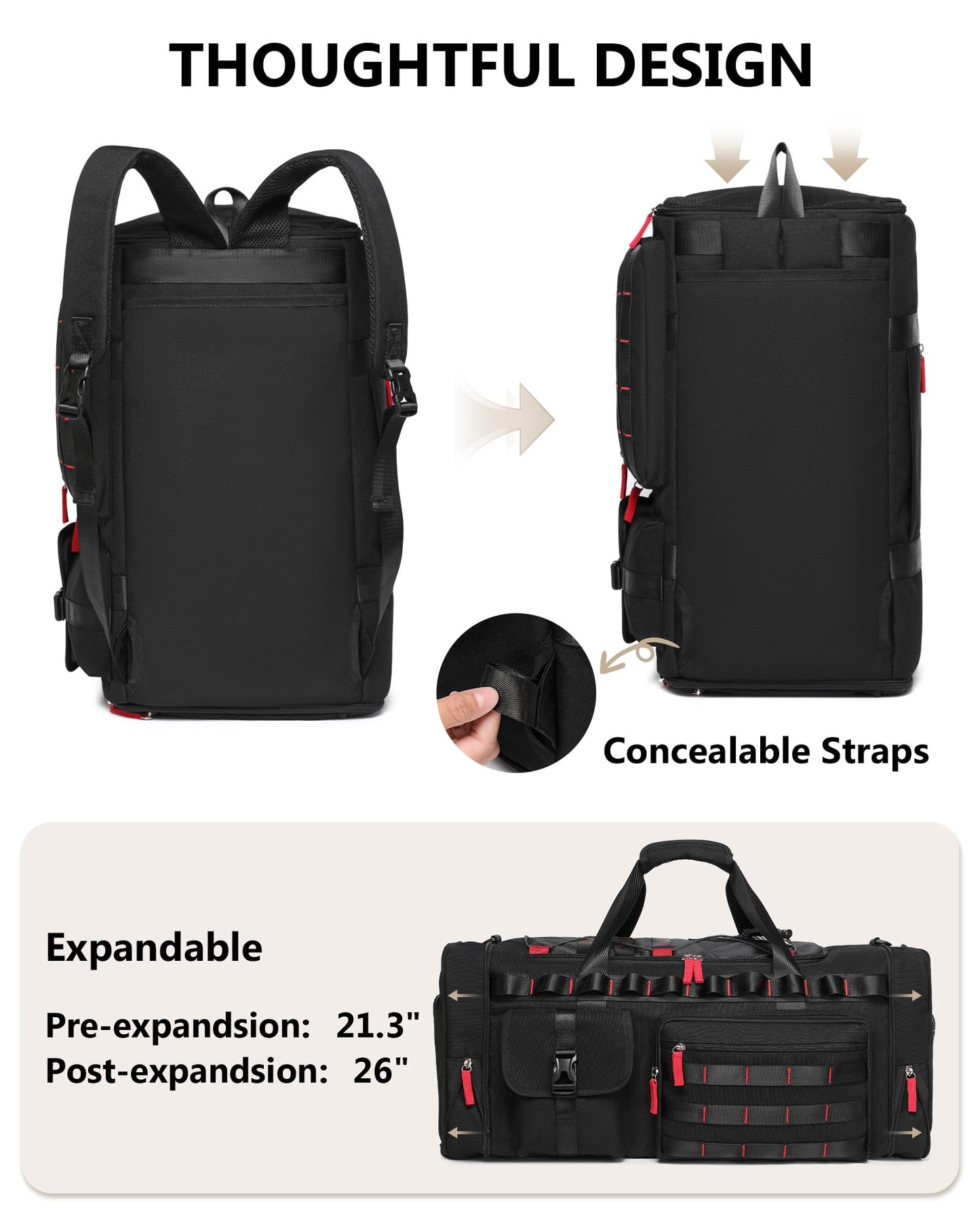 MCBD Gym Bags for Men & Women, 45L Travel Duffle Sports Backpack with Shoes & Laptop Compartment, Large Workout Carry On Bag Weekender Overnight Tote, Black