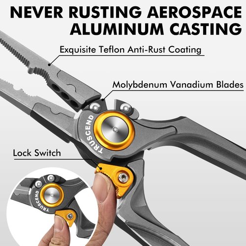 TRUSCEND Lockable Handy Fishing Pliers with Innovative Ergonomical Handle, Corrosion Saltwater Resistant Teflon Coated Fishing Tool, Multi-Function Fishing Gear with Mo-V Cutter, Fishing Gifts for Men