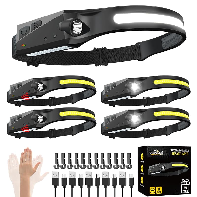 Rechargeable 5-Pack 230° LED Headlamp with COB Floodlight, Motion Sensor, USB-C