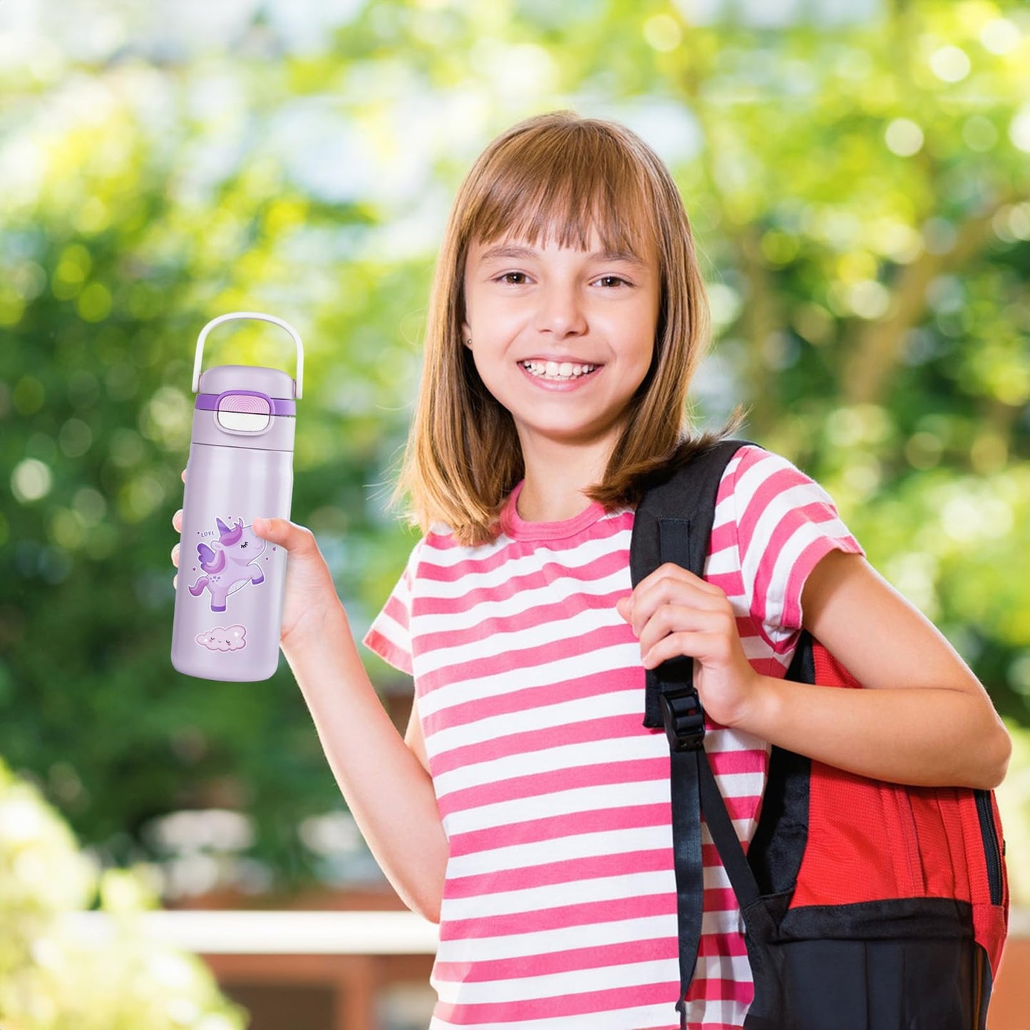 Water Bottle for Kids，Insulated Bottle with Straw, Vacuum Insulated Water Bottle for Boys&Girls, Leak-proof Insulated Tumbler（Purple, Unicorn）
