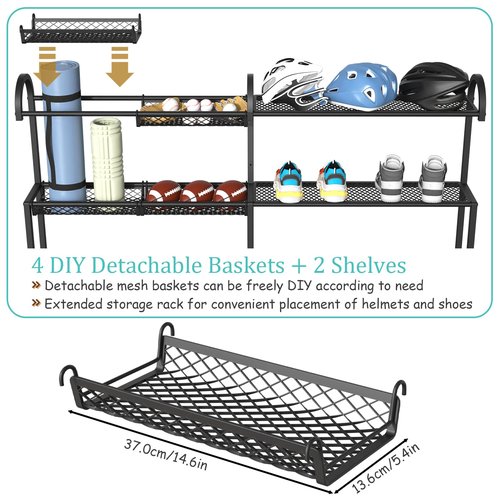 GUOHNHE Sports Equipment Organizer, Matel Ball Storage Garage, Large Golf Bag Rack with 4 Basket, Suitable for Gyms, Stadium and Playgrounds, Black, BST002B