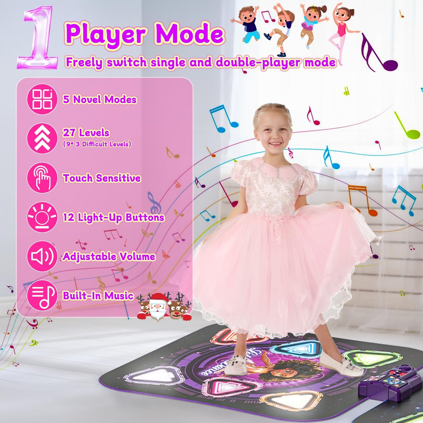Double Dance Mat for Kids, Single & Double Players Electronic Dance Pad with Light-up12-Button Wireless Bluetooth, LED Light 5 Game Modes Christmas Birthday Gift for Girls Boys Ages 3 4 5 6 7 8 8-12