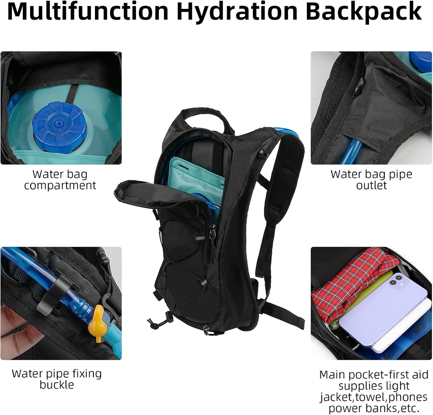 Hydration Backpack, Water Backpack with 2L Water Bladder, Hiking Backpack, Lightweight, High Flow Bite Valve Water Backpack, Hydration Pack for Biking, Running and Climbing