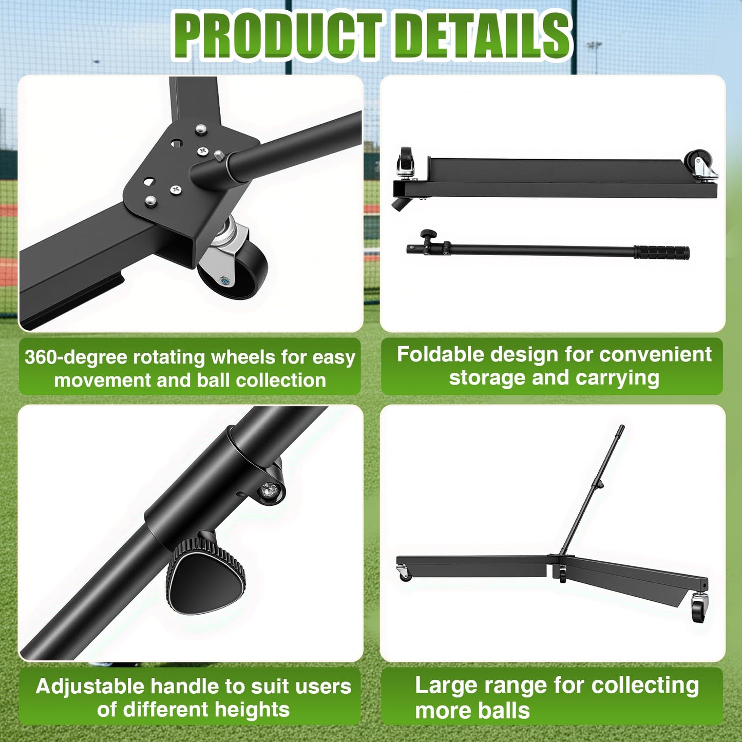 Motionchic 1 Set Heavy Duty Baseball Ball Picker, 45" Wide Roller Adjustable Handle (24"-42") 5kg Steel Frame with Smooth Casters for Grass Turf Clay, Indoor, Efficient Baseball Softball Collection