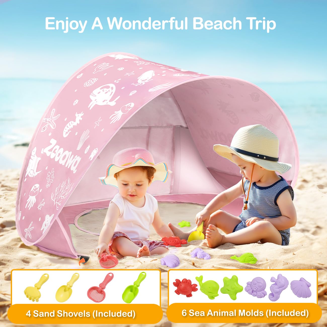 Zooawa Baby Beach Tent, Pop Up Beach Tent Sun Shade, Portable Shade Pool UV Protection Sun Shelter for Infant with Sand Toys Set, Light Pink