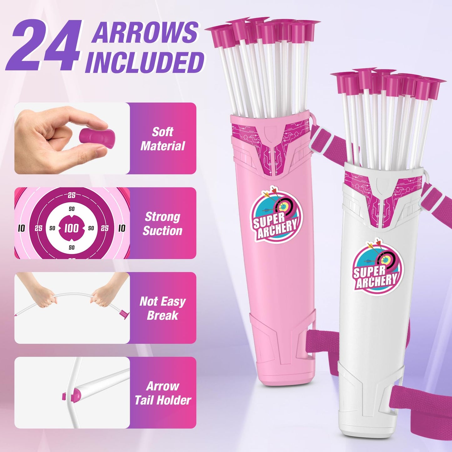 HYES 2 Pack Bow and Arrow for Kids, LED Light Up Archery Set with 24 Suction Cup Arrows, 2 Hanging Targets, 6 Score Targets & 2 Quiver, Indoor Outdoor Sport Toys for Girls Ages 4-12