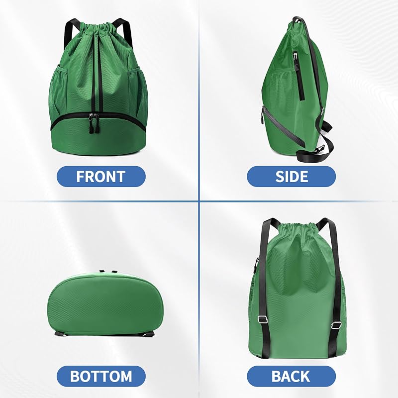 Drawstring Gym Backpack with Shoes Pocket - Dark Green, Large