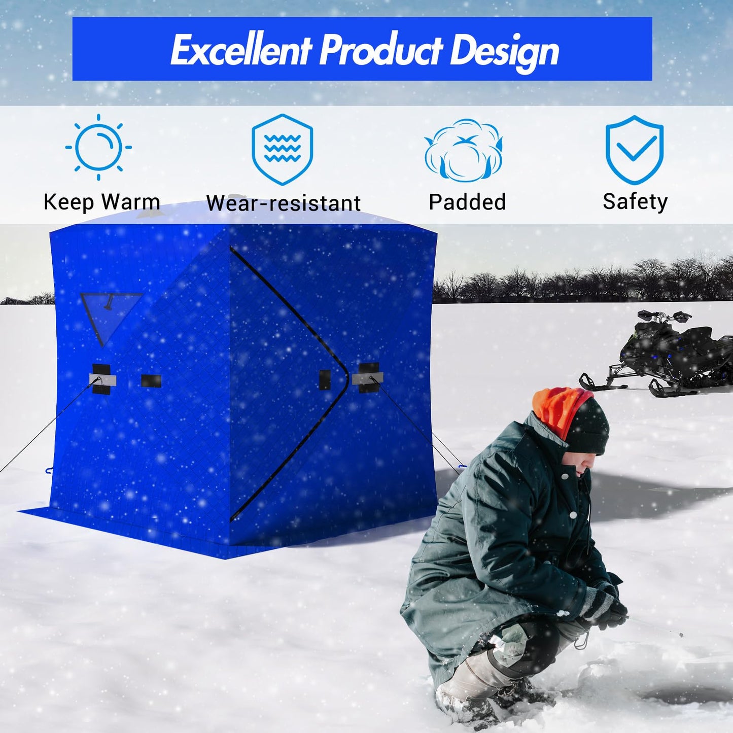 Insulated Pop-Up Ice Fishing Tent - Portable Hub-Style Shelter with 2 Zipper Doors for 3-4 People, Durable Oxford Fabric with Cotton Padding Ice Shack for Winter Fishing Trip, Blue