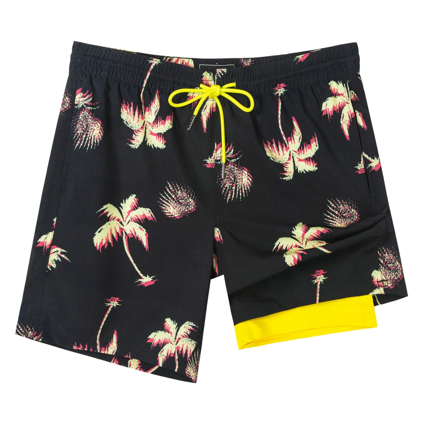SURF CUZ Mens Swim Trunks with Compression Liner Quick Dry Swim Shorts 7" Swimming Trunks Stretch Bathing Suit 7 Inch,Neon Palms,S