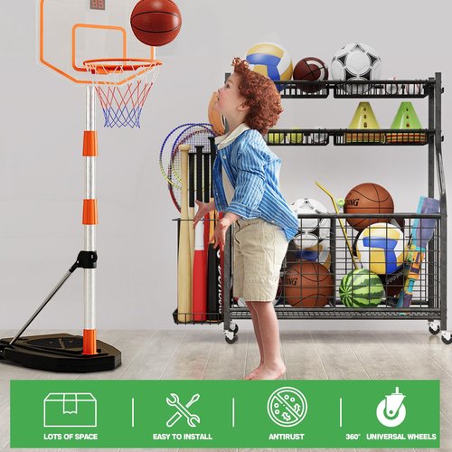 CaMecequter Garage Sports Equipment Organizer with 4 Baskets & 6 Hooks - Heavy Duty Freestanding Ball Storage for Basketball, Soccer & Outdoor Toys (Black)