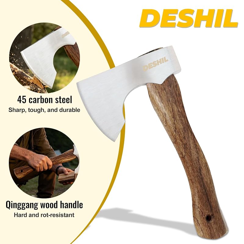 DESHIL 10-Inch Hatchet Axe - Wooden Handle, Sharp Carbon Steel Camping Tool (Variation: Wooden)