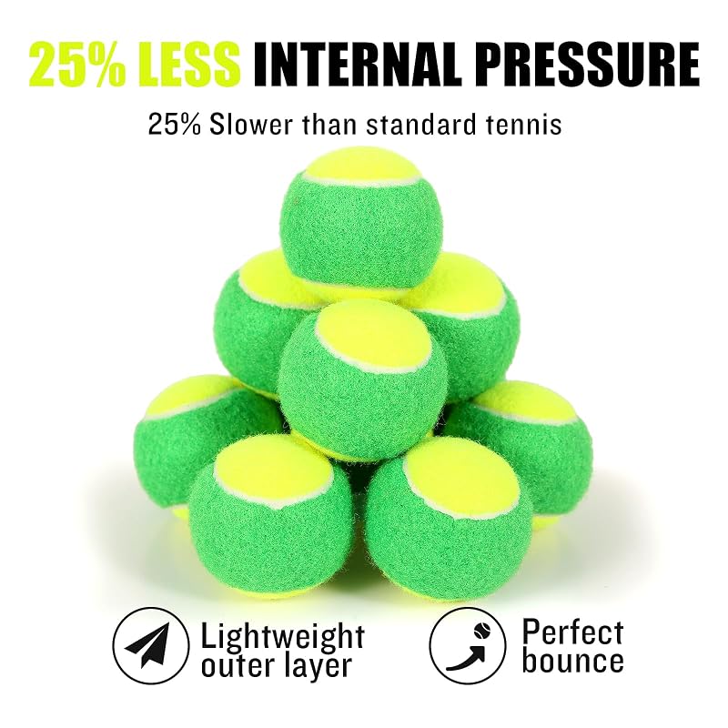 Kids Tennis Balls - Low-Compression Training Balls for Beginners 12-Pack Green