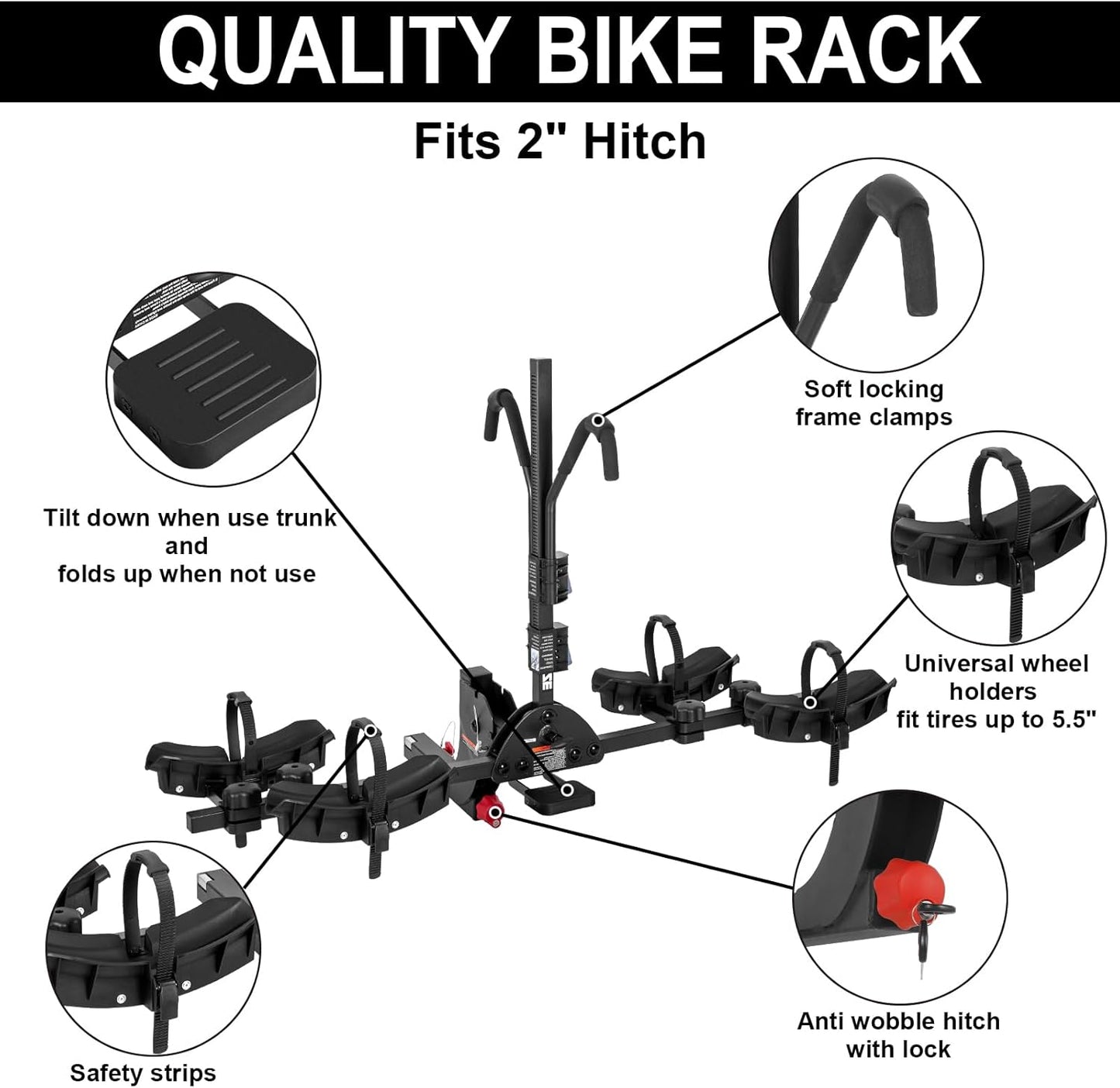 2 Bike Rack Hitch Mount Platform Style for Cars Trucks SUVs, 160 lbs Capacity Smart Tilting Folding Bicycle Car Racks Fits Electric Bike with Up to 5" Fat Tires, 2" Receiver