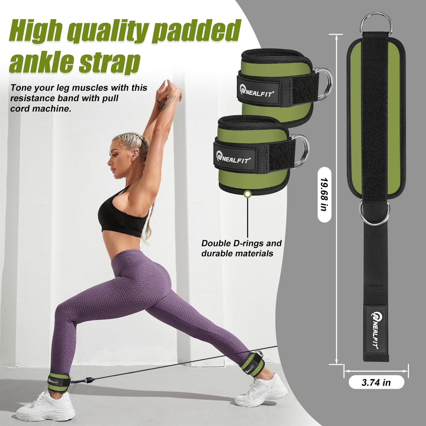 NEALFIT Ankle Strap for Cable Machine, Gym Ankle Cuff for Kickbacks, Leg Extensions, Glute Workouts, Booty Hip Abductors Exercise for Women and Men (Army Green, Pair)