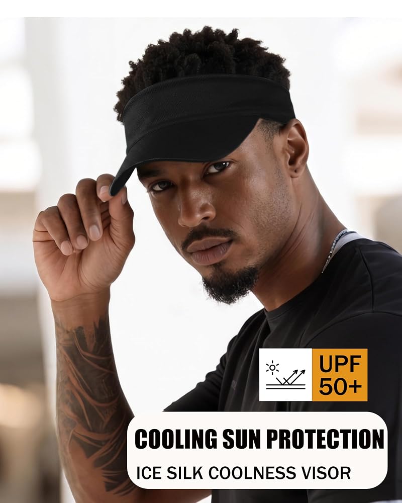 Cooling Stretchy Visor Hat - Sun Protection Headband with Quick-Dry, Black, Medium